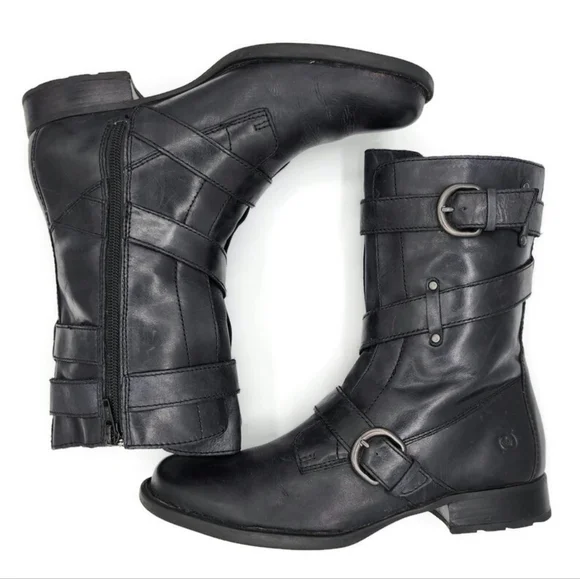 Born Alamid Black Leather Straps & Buckles Calf-High Lug Sole Moto Style Boots - Picture 6 of 12